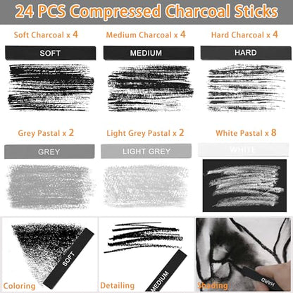 24 Pcs Compressed Charcoal Sticks with Soft, Medium, Hard and White Charcoal, Square Charcoal Stick Kit for Drawing, Sketching and Shading (12 Black + 4 Gray + 8 White) - color: 12 Black + 4 Gray + 8 White