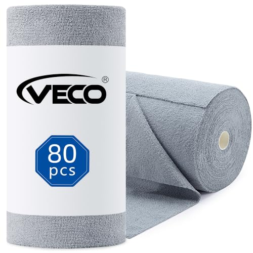 Veco Microfiber Cleaning Cloth Roll 80 PCS Gray, 12" x 12" | Lint-Free, Streak-Free, Tear Away Reusable Microfiber Towels, Cleaning Rags for Kitchen, Car & Home - color: Gray
