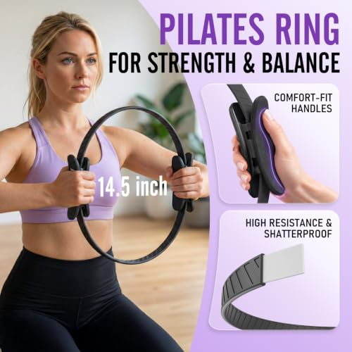 JKSHMYT Pilates Ring Fitness Circle for Women, Pilates Equipment – 14.5" Home Magic Exercise Workout, Better me Pilates Essentials Starter Set for Beginners Toning Shape Full Body - color: 15 pcs Purple
