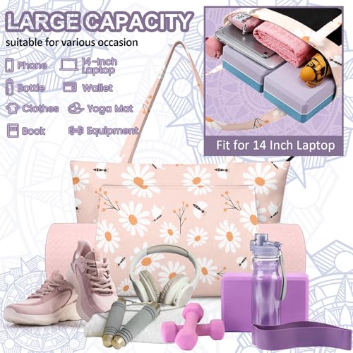 Yoga Bag for Women, Large Canvas Yoga Mat Tote Bag with Yoga Mat Carrier - color: Pink Daisy