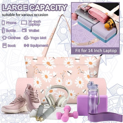 Yoga Bag for Women, Large Canvas Yoga Mat Tote Bag with Yoga Mat Carrier - color: Pink Daisy