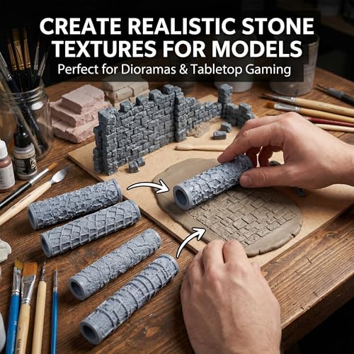Warmtree 4 Pcs RPG Terrain Texture Roller Set Polymer Clay Texture Roller | DND Terrain Sets Texture Roller for DIY Modeling Scenic Terrain Wall Road Model Miniatures Landscape