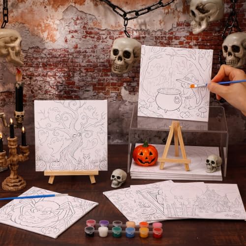Honoson 6 Pcs 6 Inch Pre Drawn Canvas Paint Kit, Halloween | Stretched Canvas Boards, Pre Drawn Outlines, Painting Supplies for Adult Beginners And Parties - style: Halloween