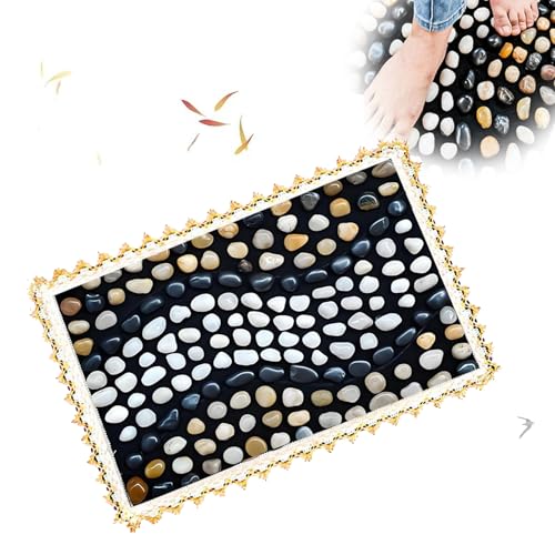Reflexology Foot Mat, Acupressure Massage Pad with Cobblestones for Feet | Natural cobblestone foot massager mat with flexible base & lace border. Stimulates acupoints for pain relief & relaxation - color: Pebble-pathway