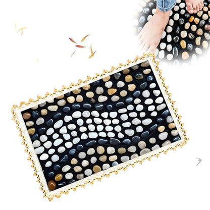 Reflexology Foot Mat, Acupressure Massage Pad with Cobblestones for Feet | Natural cobblestone foot massager mat with flexible base & lace border. Stimulates acupoints for pain relief & relaxation - color: Pebble-pathway
