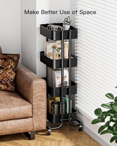 Pipishell 4 Tier Metal Rolling Utility Cart with 2 Lockable Wheels, Black | 360° Rotating Wheel, Heavy-Duty Steel, Sturdy Dual Columns, Ventilated Mesh, Hold 22 lbs per Shelf, for Kitchen & Dining Room - color: Black, size: 4 Tier