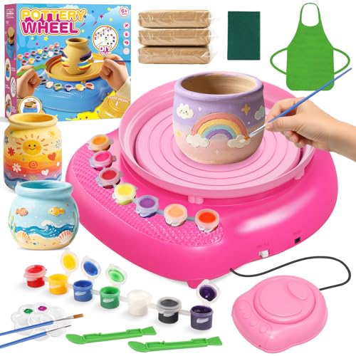 Weilim Pottery Wheel for Kids Beginners, Air-Dry Clay & Paint Kit Ages 6-12 | 3 Clay Packs, 14 Paint Colors, Sculpting Tools, Brushes, Palette,Apron; Gentle Beginner Spin, USB Rechargeable, No Oven - color: Pink