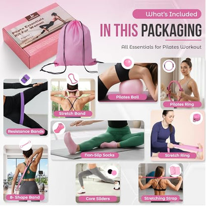 Home Pilates Kit for Women & Men | 15Pcs Better Me Pilates Kit with 14 Inches Pilates Ring and Ball Set, Resistance Bands, Core Sliders, Bag - Full Body Exercise Home Pilates Workout Kit