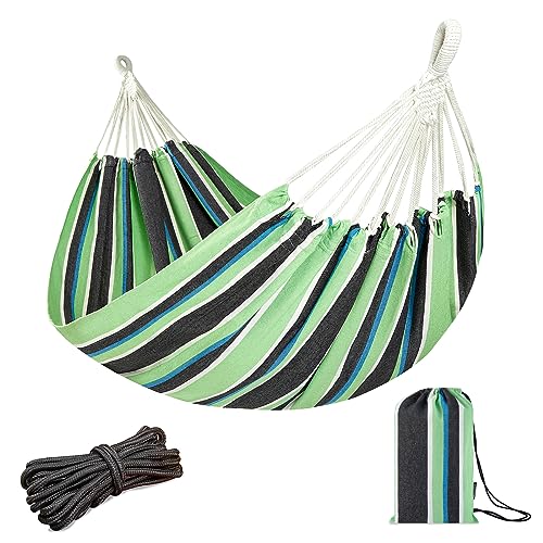 JoyView Brazilian Double Hammock with Hanging Ropes Extra Large 86.6x59” Portable Cotton Hammock for Patio Backyard Porch 450LBS Weight Capacity Perfect for Outdoor/Indoor - Green/Black Stripe - color: Green/Black Stripe