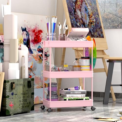 SPACEKEEPER 3 Tier Rolling Cart, Bathroom Cart Organizer with Wheels, Pink | Mobile Storage Cart for Laundry Room Organization,Kitchen,Office,Bathroom, Utility Cart for Snack,Craft,Art,Makeup,Nail,Toys - color: Pink, size: 3 Tier