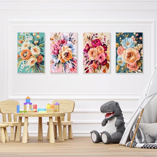 QENSPE 4 Pack Paint by Numbers Kit for Adults with Wooden Frame, Flowers Adults Paint by Number for Beginners, DIY Easy Acrylic Oil Painting Kits on Canvas, Home Wall Decor Gift 8X12 inch - color: Flowers