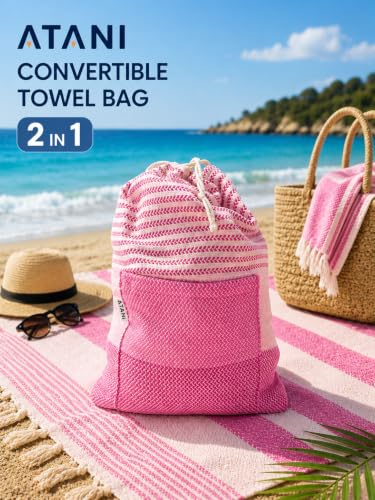 ATANI Turkish Beach Towel, Converts to a Bag, Oversized 100% Cotton Bath Towels Lightweight Quick-Dry Beach Blanket for Travel, Picnic, Camping, Yoga and Pool (Pink, 71 inc x 39 inc) - color: Pink, size: 71 inc x 39 inc