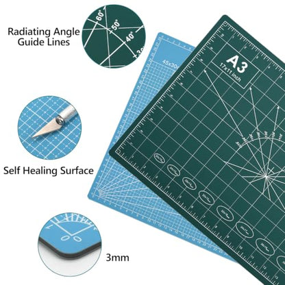12x18in Self Healing Cutting Mat Kit with Ruler & Knife, for Sewing DIY | A3, Double Sided, Cutting Mat Kit, Craft Knife with 5 Replacement Blades, Quilting Ruler, For Sewing Craft DIY