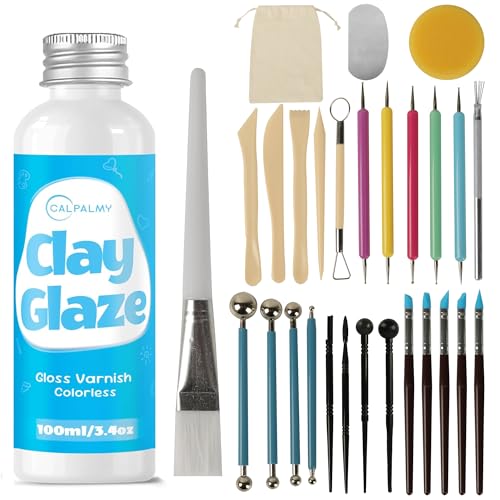 CALPALMY 100ml Gloss Air Dry Clay Glaze with 29pcs Clay Tools Kit – Clay Varnish Sealant for Surface Protection, Pottery and Sculpting Tools for Carving, Shaping, and Molding Crafts - color: Gloss, size: 100ml + 29pc Tools