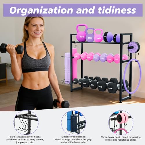 Weight Rack, 3-Tier Gym Organization for Home Gym with Shelf & Hooks