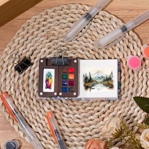 Qilery Mini Portable Watercolor Palette Set Wooden Grid Paint Box Watercolor Paper Sketch Book Brush Pens with Binder Clip for Painters Artist Not Include Paint(Summer Flowers) - style: Summer Flowers