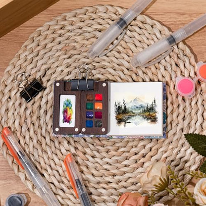 Qilery Mini Portable Watercolor Palette Set Wooden Grid Paint Box Watercolor Paper Sketch Book Brush Pens with Binder Clip for Painters Artist Not Include Paint(Summer Flowers) - style: Summer Flowers