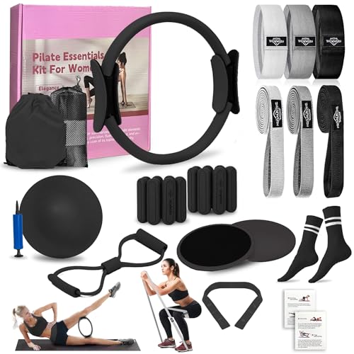 DICYWUDI Pilates Essentials Kit for Home Women, Pilates Equipment for Workouts, 6 Fabric Resistance Bands, 12 Inch Magic Circle Yoga Ring, Mini Exercise Ball, Great Exercise Equipment - color: 15pcs Black set