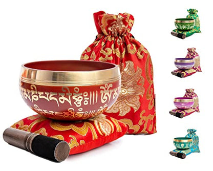 Tibetan Singing Bowl Set - Easy To Play for Beginners - Authentic Handcrafted Mindfulness Meditation Holistic Sound 7 Chakra Healing Gift by Himalayan Bazaar (Crimson) - color: Crimson Red