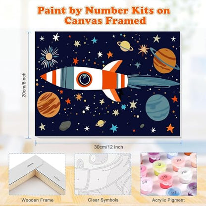 Gemozaic Outer Space Paint by Numbers Kit for Kids with Frame and Easel | Cartoon Rocket Paint by Number for Kids Age 8-12, Easy DIY Acrylic Numbers Painting for Boys 10 Years Old, 12 x 8 Inch - color: BKH3434