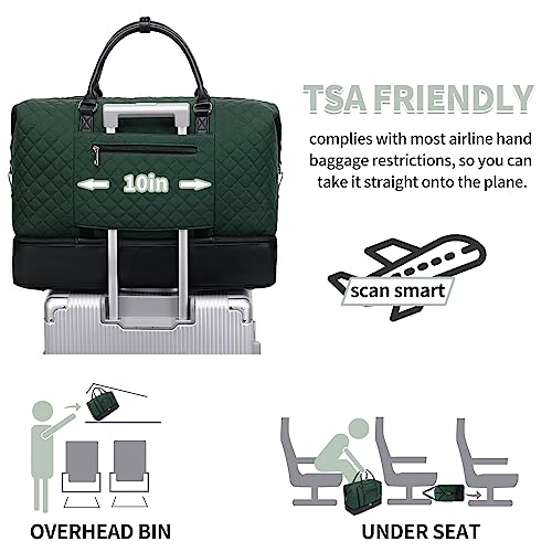 Weekender Bag, Large Travel Duffel Bag for Women, Carry on Overnight Bag with Shoe Compartment and Toiletry Bags - color: B-Dark-Green