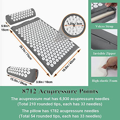 XiaoMaGe 28.7" Acupressure Mat and Pillow Set with Carry Bag (Gray) | Large acupuncture mat for neck & back pain relief, muscle relaxation, circulation support, and post-workout recovery - color: Gray