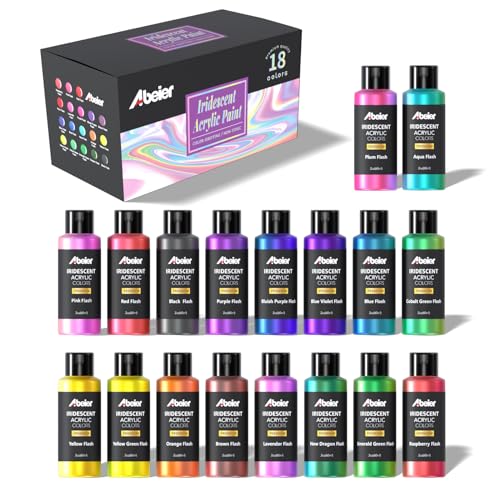 ABEIER Iridescent Acrylic Paint Set, 18 Colors x 2 oz, Non-Toxic | Non-toxic, chameleon color shift, shimmery metallic finish, rich pigments, smooth blending, waterproof when dry - color: 18 Colors
