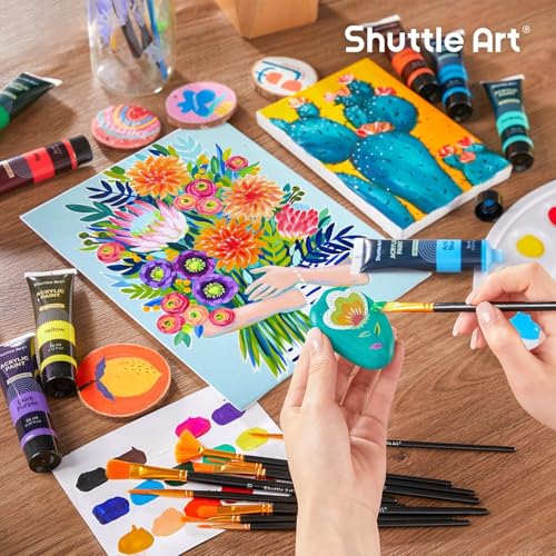 Shuttle Art 30 Colors Acrylic Paint Set, 36ml Tubes with 3 Brushes, Artist Grade Acrylic Paint, for Kids Adults Beginners, Painting on Crafts Canvas Wood Rocks