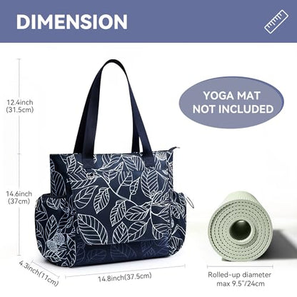 WLLWOO Thick Yoga Mat Bag Women Gym Tote Breathable Mesh Holder Wet Pocket - color: Navy Blue Leaf