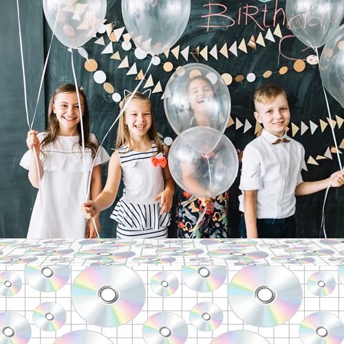 1Pc CD Disc Party Plastic Tablecloth 54 x 87 Inch Long Table Cover, CD Disc Music Party Tablecover for Music Festival Theme Kids Baby Shower Birthday Dinner Picnic Kitchen Event - color: CD Disc