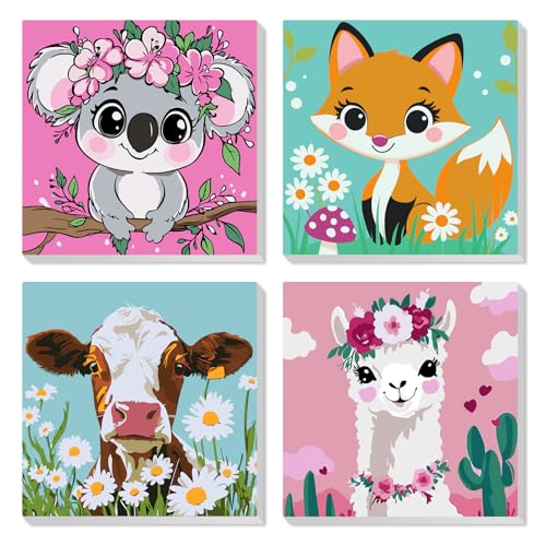 QENSPE 4 Pack Paint by Numbers with Wooden Frame, Cartoon Animals Painting by Number, DIY Cute Animal Acrylic Oil Paints Arts on Canvas, Home Wall Decor Gift 8X8 inch - color: Koala+Fox+Cow+Alpaca