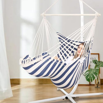 Chihee Hammock Chair Foot Rest 2 Cushions Max 485 lbs Metal Spreader Bar | Robust Hanging Chair Soft Cotton Blended Swing Collapsible Easy Storage Strong Strap Iron Carabiner Pocket Indoor Outdoor - color: Blue/White Stripes