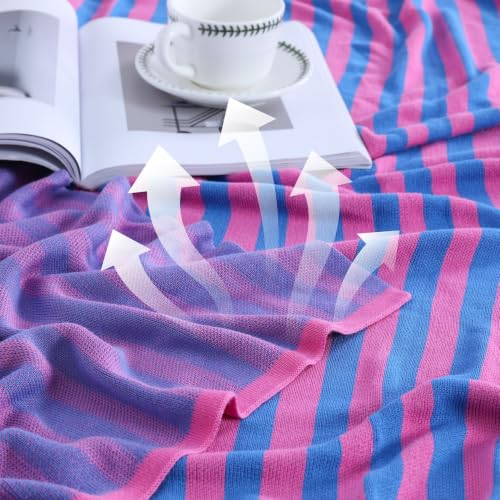 BOV Cooling Knit Throw Blanket 50x60, 100% Viscose, Blue Pink Stripe - color: Fuchsia & Azure