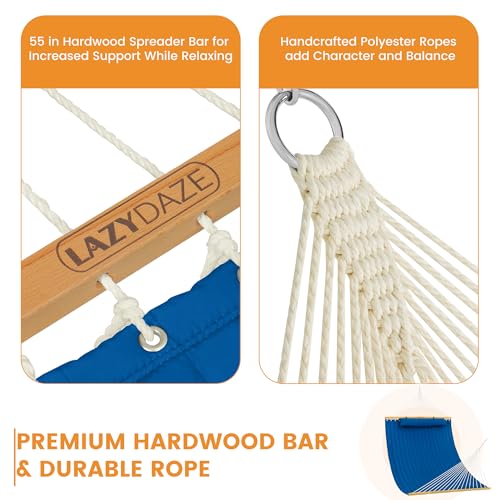Lazy Daze 12 FT Double Hammock with Spreader Bar for Outside, Bright Blue | 2 Person Heavy Duty Hammock with Detachable Pillow and Carabiners for Outdoor Backyard Poolside, 450lbs Weight Capacity - color: Bright Blue