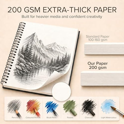 Artist’s Sketchbook Hardcover – 200GSM Very Thick Paper – Large, Spiral Sketch Book for Drawing and Mixed Media – Sketch Pad, Art Book - 8.25 x 11.4, 40 Sheets / 80 Pages - size: 8.25 x 11.4 inches