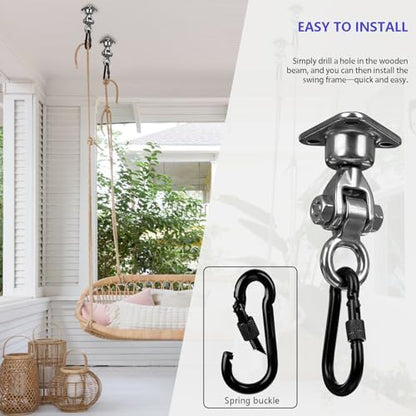 1500 LBS Heavy Duty Swing Hanger | 304 Stainless Steel Swivel Hanging Hardware with Oval Hooks | for Porch Swing, Hammock, Punching Bag, Playground,Hanging Chair (3 holes-360°+180°) - size: 3 holes-360°+180°