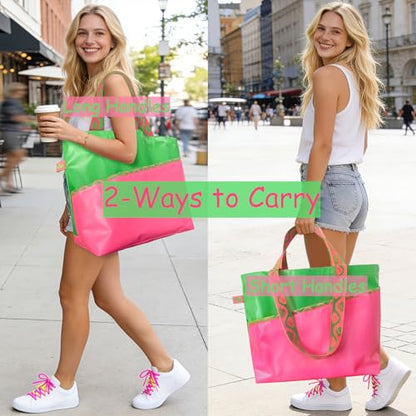 Large Foldable Waterproof Tote Bag, Heavy Duty for Beach & Swim - color: Green/Pink
