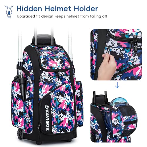 KAVIGOR Rolling Baseball Bag with Wheels, 60L Capacity Softball Bag Holds 4 Bats for Boys and Girls, Youth Equipment Bag with Shoe Compartment - color: Pink Camo
