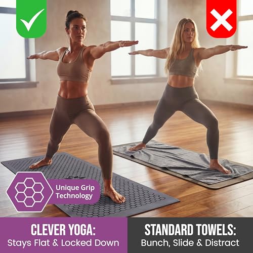 Clever Yoga Hot Yoga Mat Towel – Non-Slip Grip for Hot Yoga, Sweat Absorbent, Honeycomb Silicone Grip, Stays Flat – Ideal for Pilates, Travel, Washable & Lightweight - Gray - color: Gray