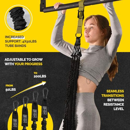 Pull Up Assistance Bands Set with 4 Levels, Adjustable Strap and Foot Rest | 50–200 lb stackable pull-up assistance, nylon-sleeved bands, adjustable support, reduced snap-back risk - color: Military Green
