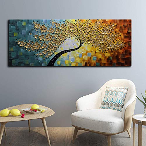 YaSheng Art -Large Wall Art ,100% Hand Painted Gold Flowers Contemporary Art Oil Painting,3D Wall Art Texture Floral Tree Paintings, Wall Art for living room Bedroom Office Wall Deco Home, Abstract Canvas Art Paintings Framed Wall Art Pictures 60 by24 inc
