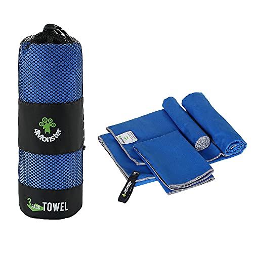 4Monster Camping Towels 3 Size at 1 Pack,Quick Dry Microfiber Towel,Beach Travel Towel Ultra Compact,Soft Gym Towel for Hiking Yoga Travel Sports Backpacking Trip and Pool - color: Blue