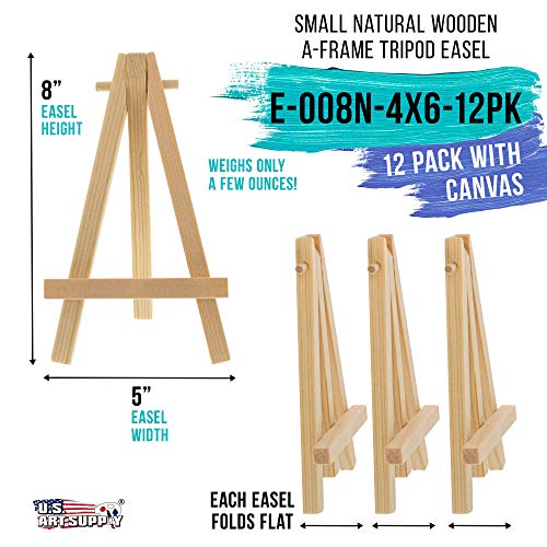 U.S. Art Supply 4" x 6" Stretched Canvas with 8" High Small Natural Wooden Easel (12 Pack), A-Frame Canvas Stand Tripod, Small Painting Easels - Tabletop Easel for Painting, Canvases, Student Crafts - size: 8" Easel & 4x6 Canvas - 12-pack