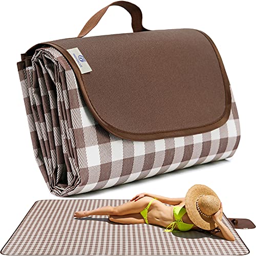 Beach Blanket Extra Large Picnic Blanket Sand Free Waterproof Outdoor Indoor Blanket Lightweight Easy Fold Handy Mat Portable Beach Mat for Camping Hiking Travel Park Grass - color: Brown Grid