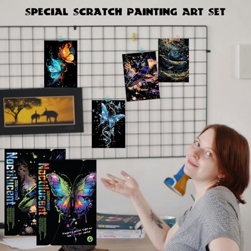 Scratch Paper Art for Adults Crafts, Glow in the Dark, A4/8 Sheets | Luminous Rainbow Scratchboard Art Kit, Calming Craft Activity for Adults Teens, Anxiety Relief Hobby, Creative Gift - style: Butterflies and Blue Whales
