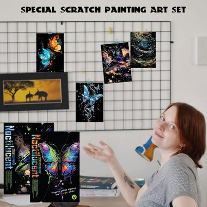 Scratch Paper Art for Adults Crafts, Glow in the Dark, A4/8 Sheets | Luminous Rainbow Scratchboard Art Kit, Calming Craft Activity for Adults Teens, Anxiety Relief Hobby, Creative Gift - style: Butterflies and Blue Whales