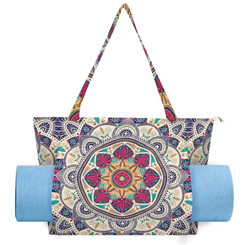 Mandala Yoga Mat Bag Large Yoga Bags and Carrier Fits All Your Stuff Yoga Tote Bags with Zipper Pocket Pilates Bag - color: Beige