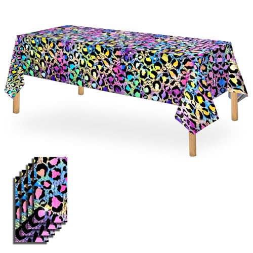 OQOQ Neon Cheetah Print Party Decorations Tablecloth (4 Packs) - 54x108 Inches Iridescent Plastic Disposable Table Cloth for Girl Sparkly Paint Splatter Leopard Safari Birthday Party Supplies - color: Neon Cheetah