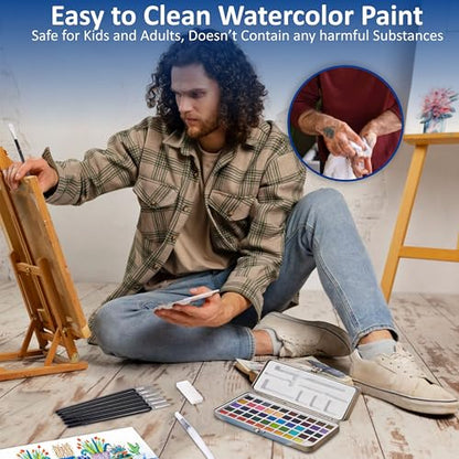 Professional Watercolor Paint Set - 50 Colors Metal Case Kit | Includes 6 detail brushes, water brush pen, nylon brush, sponge, swatch sheet, and supplies for adults, artists & students - style: Set of 50 colors