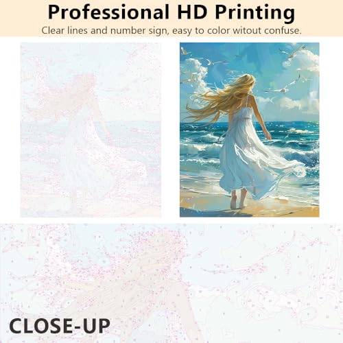 TUMOVO Paint by Numbers for Adults Beginner Girl Seagull Paint by Number Beach Girl Color by Number for Adult Paint by Number Kits DIY Painting Paint-by-Number Kits with Framed, 16 x20 Inch - color: Girl-Framed